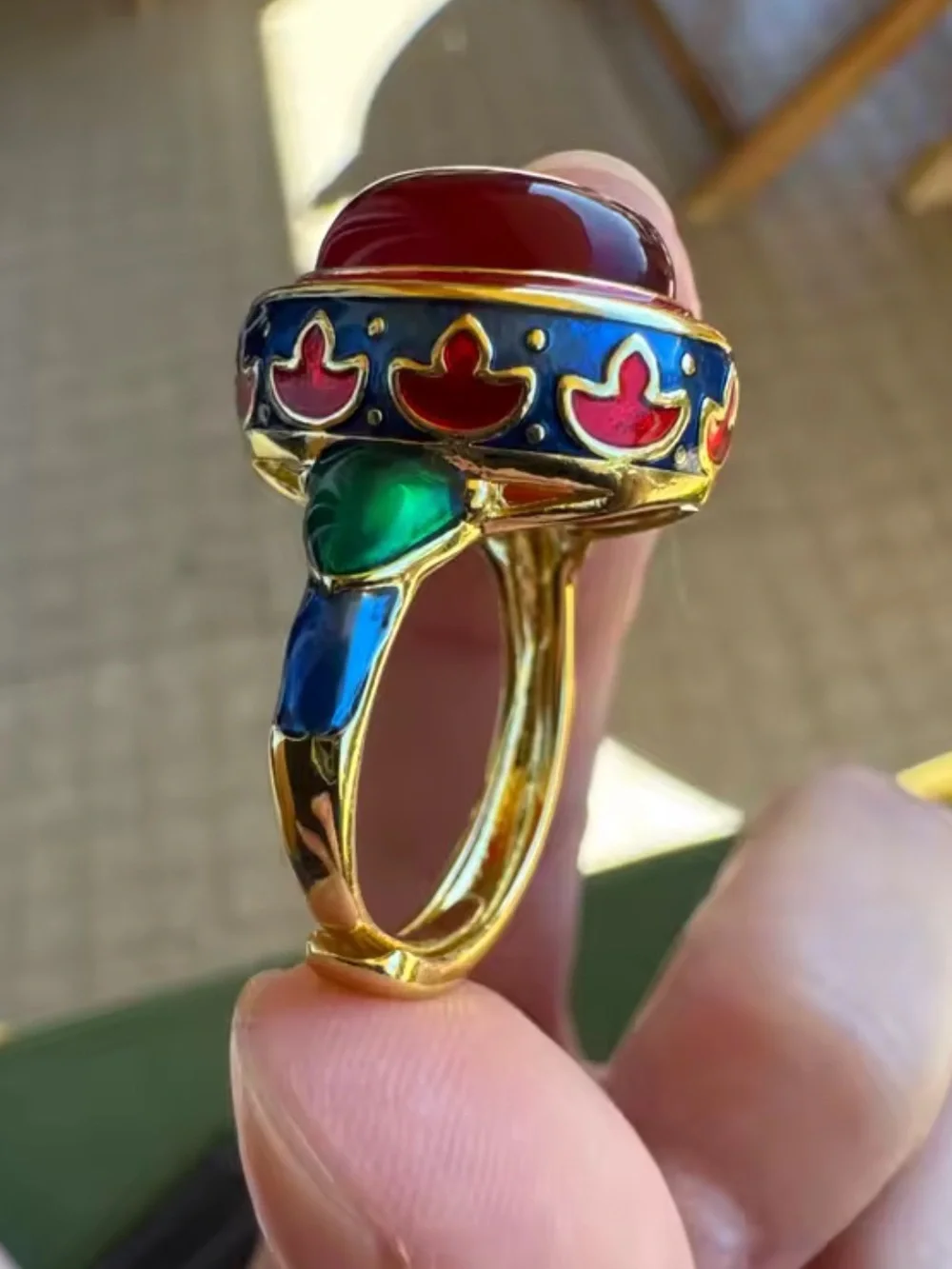 Vintage adjustable Gold-Tone Red Cabochon Multicolor Enamel Statement Ring